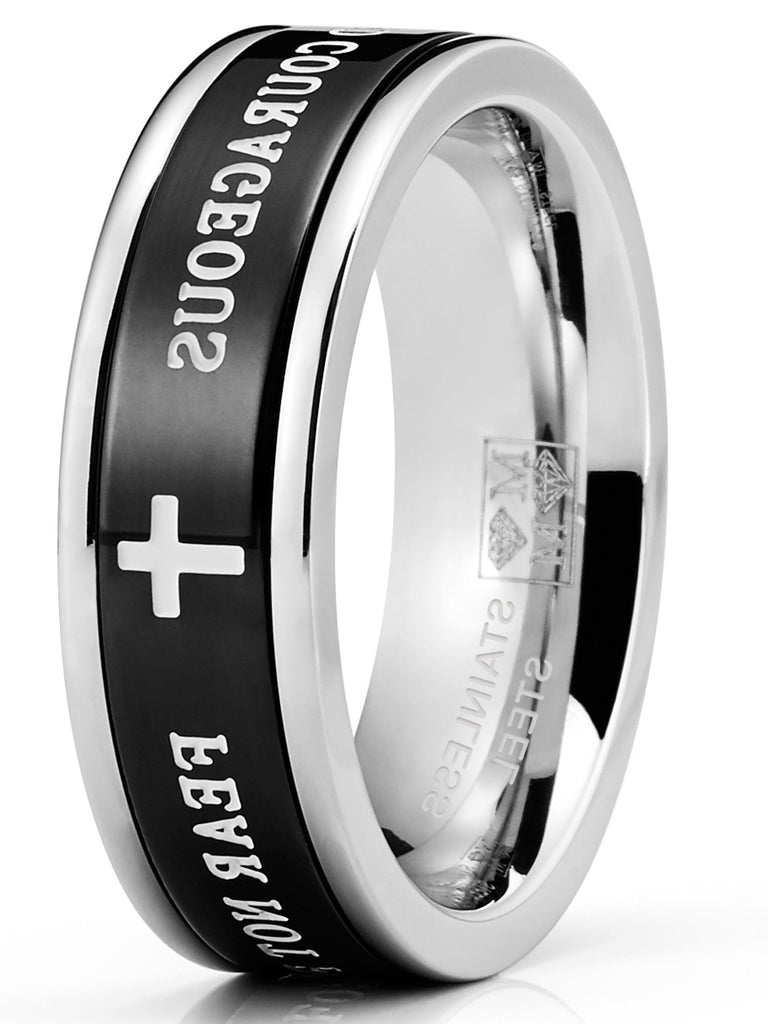 Mens Black Stainless Steel Cross Bible Verse Fidget Spinner Ring 7MM A ...