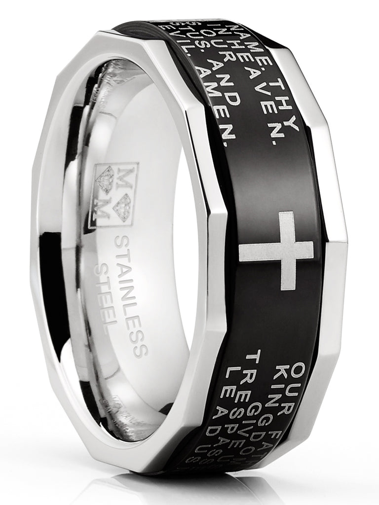 Men's Lords Prayer Stainless Steel Ring Christian Cross Bible Two-Tone 7-13