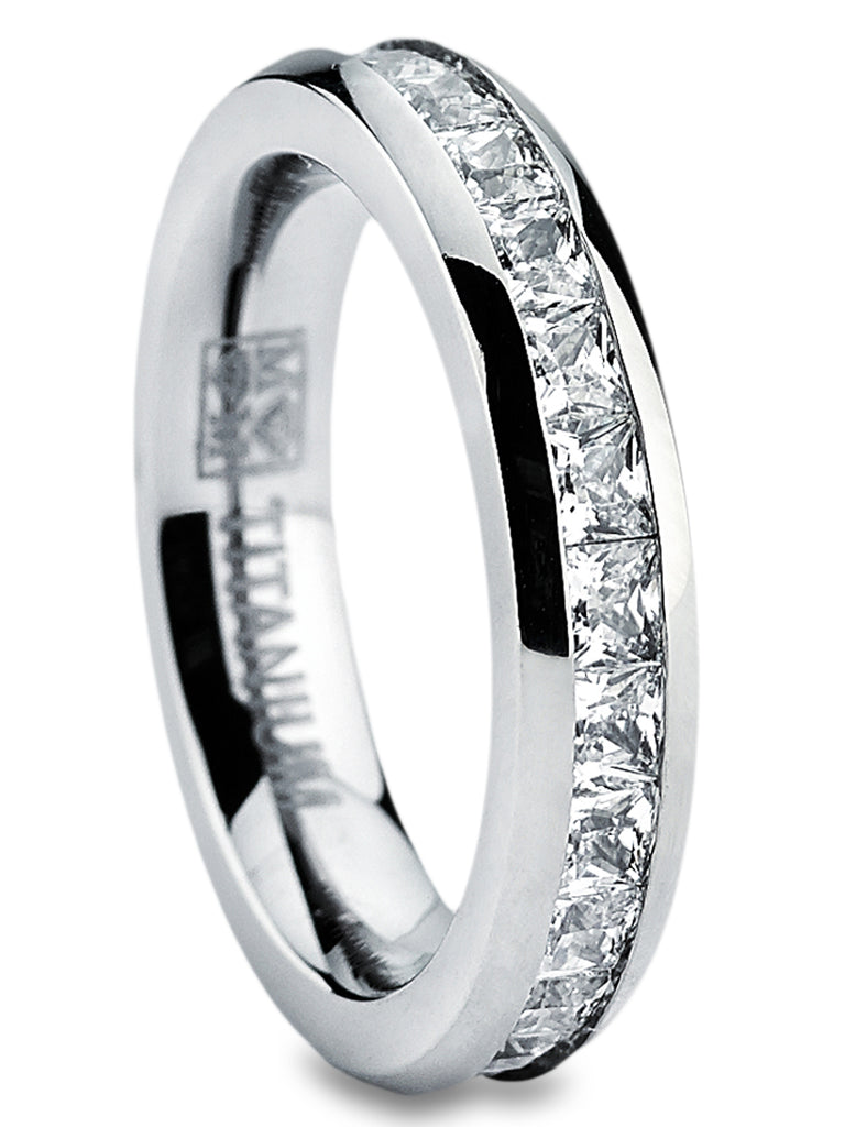 Women's 3MM High Polish Princess Cut Ladies Eternity Titanium Ring Wedding Cubic Zirconia Sz 4-11