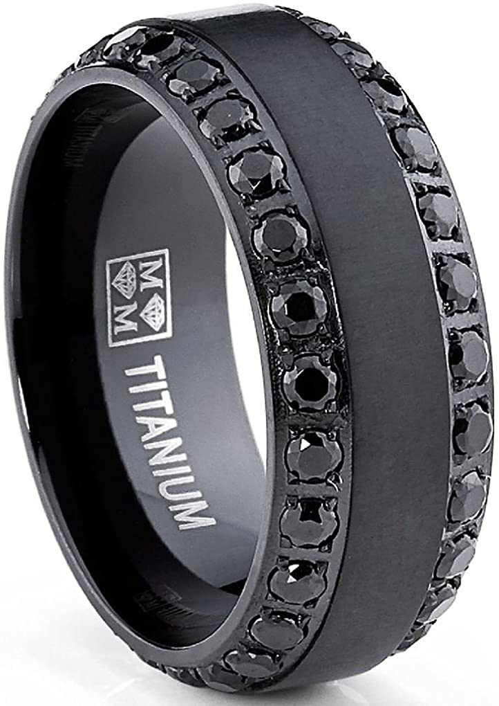 Men's .9Ct Black Titanium Dome Brushed Finished Wedding Band Engagement Ring Black Cubic Zirconia