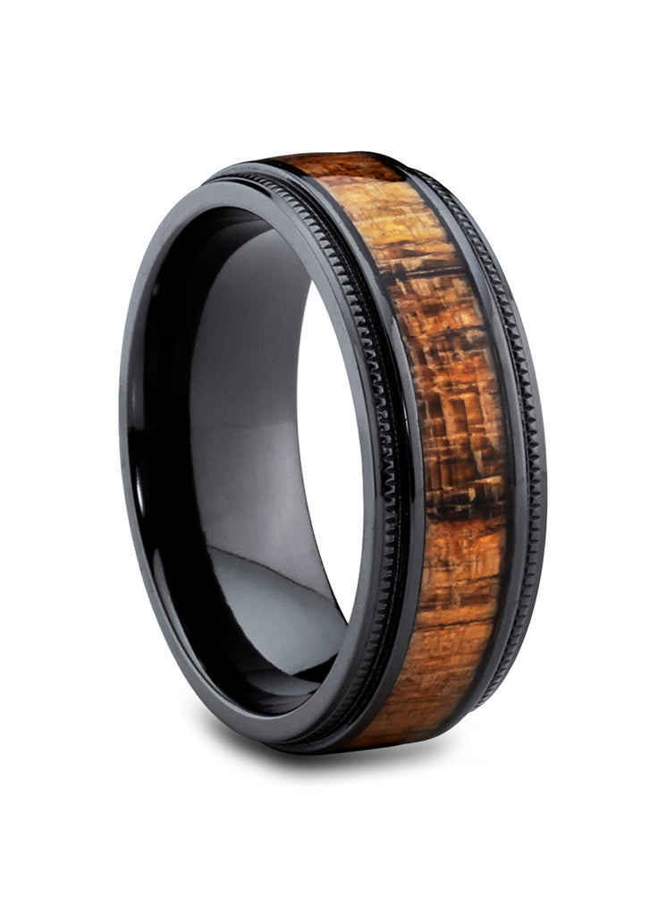 Men's Black Titanium Wedding Band Real Koa Wood Inlay Milgrain Ring 8MM