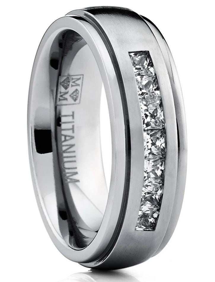 Men's Titanium Dome Wedding Band Ring Cubic Zirconia Princess-cut 7MM