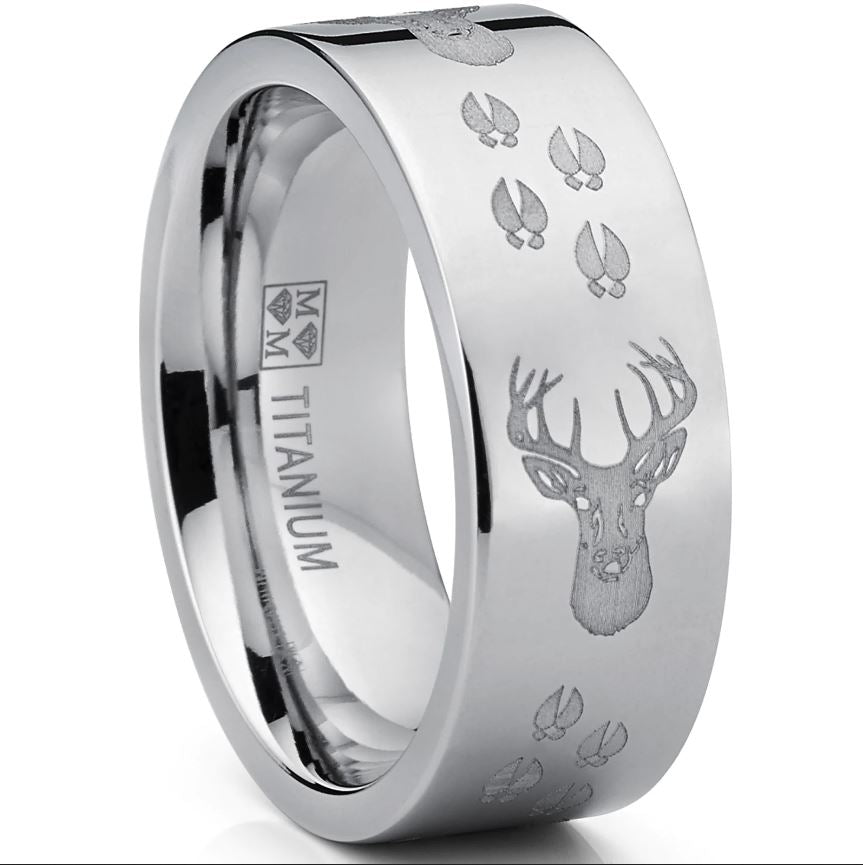 Men's Deer Hunting Titanium Ring Wedding Band High Polish Silver 8MM
