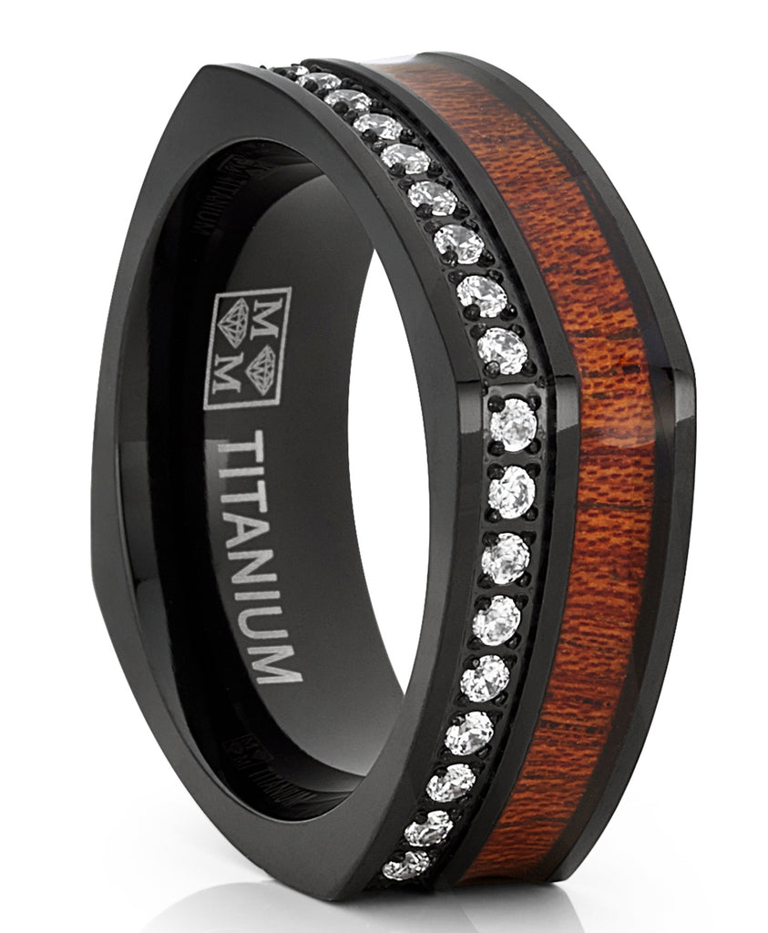 Men's Square Black Titanium Wedding Band Ring Cubic Zirconia Wood Inlay 8mm