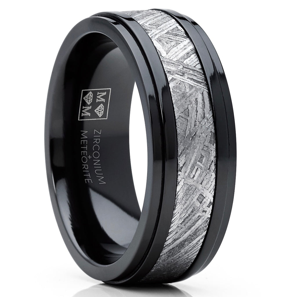 Solid Zirconium Muonionalusta Meteorite Inlay Wedding Band Black 8MM