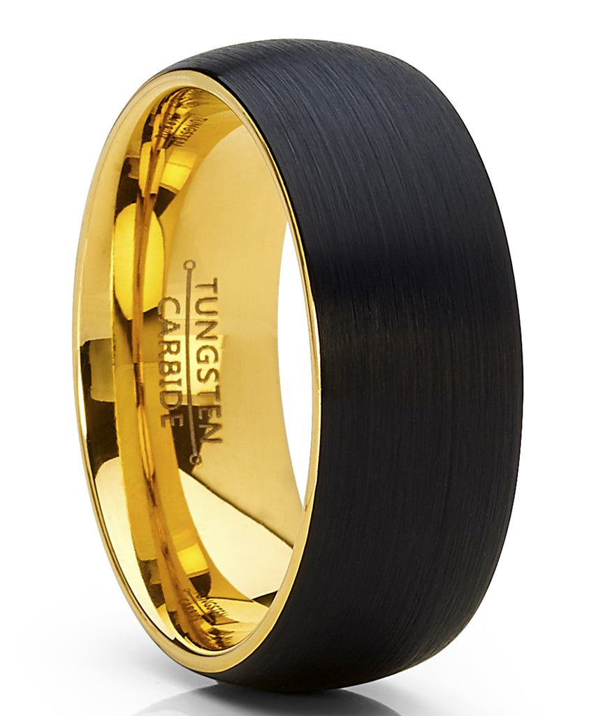 Men's Tungsten Ring Goldtone and Black Wedding Band, Dome Brushed, Comfort Fit