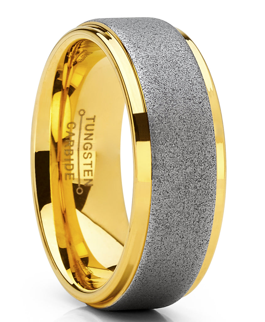 Men's Tungsten Carbide Ring Goldtone Wedding Band, Sandblasted Brushed, Comfort Fit