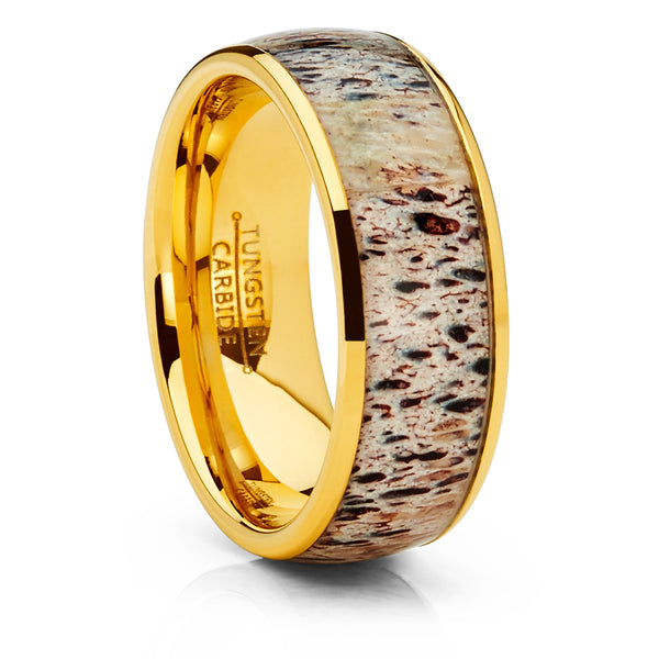 Unisex Men's Gold Tone Tungsten Wedding Band Engagement Ring Deer Antler Inlay 8mm