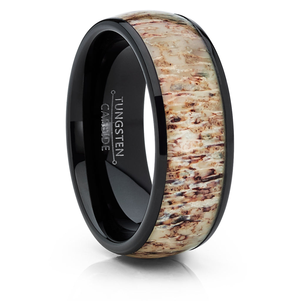 Unisex Men's Black Dome Tungsten Wedding Band Engagement Ring Deer Antler Inlay 8mm