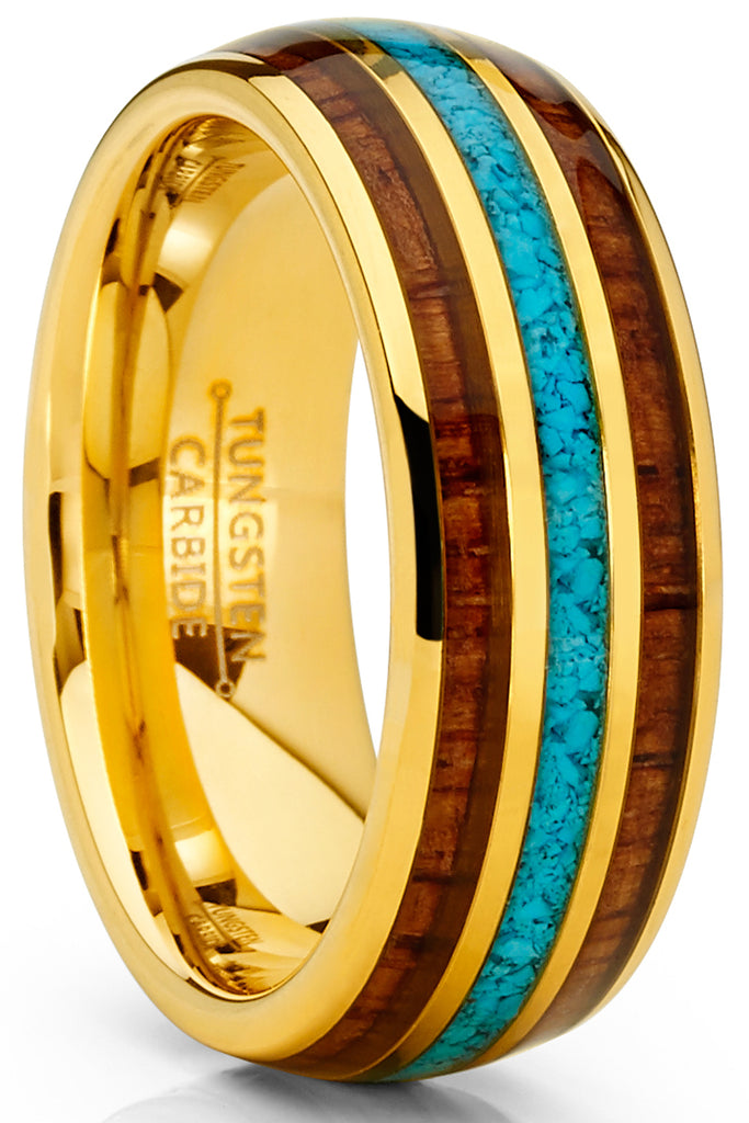 Men's Goldtone Tungsten Wedding Band Engagement Ring Koa Wood Crushed Turquoise 8MM