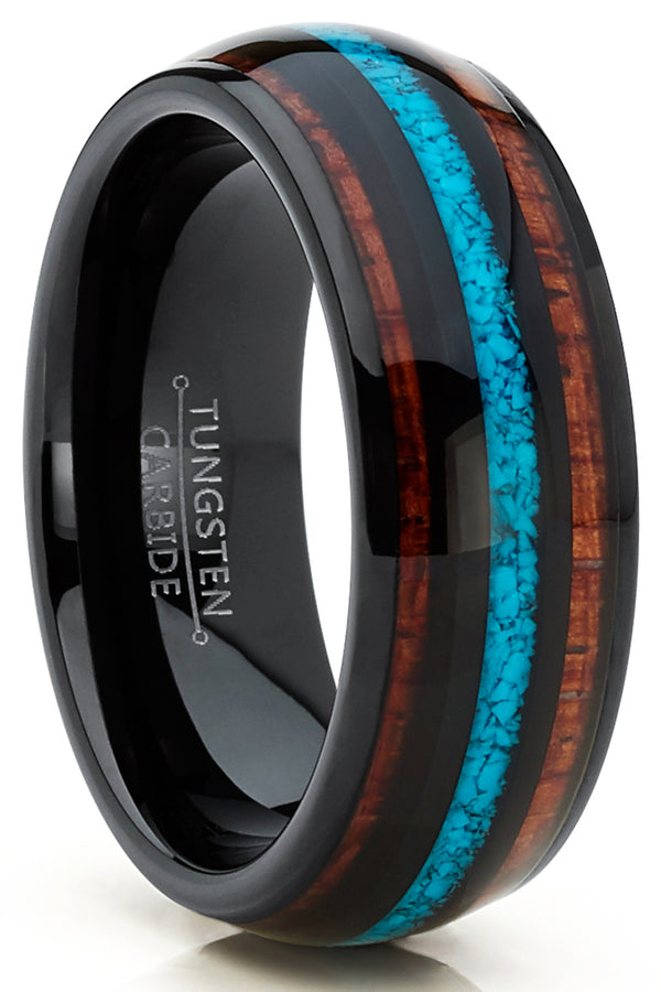 Men's Black Tungsten Wedding Band Engagement Ring Koa Wood Crushed Turquoise Inlay