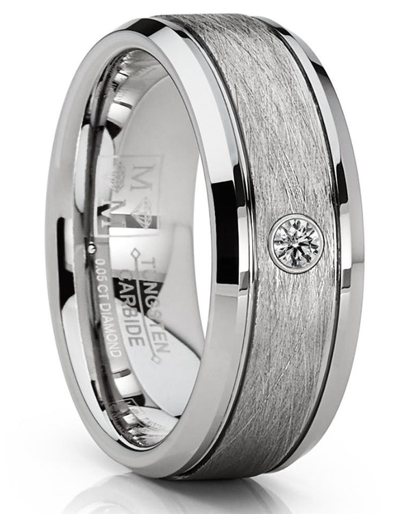 Men's Tungsten Wedding Band 0.05 Carats Diamond Texture Brush High-Polish Silver-toned 8MM