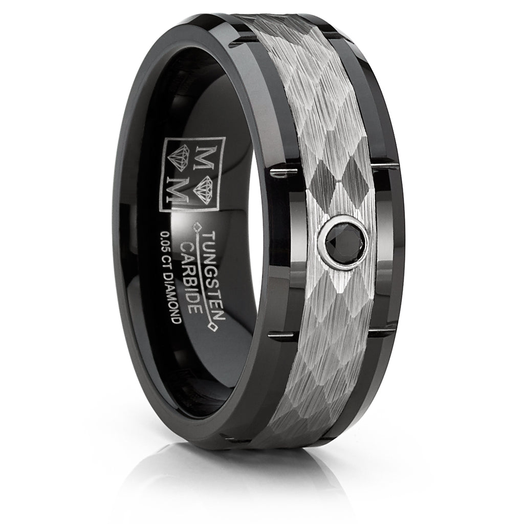 Men's Black Tungsten Wedding Band Engagement Ring Hammered Center Real 0.05 CT Black Diamond