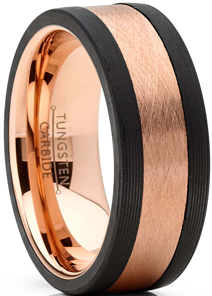 Mens Tungsten Wedding Band Ring Rose Goldtone Carbon Fiber Edges 8MM 7-15