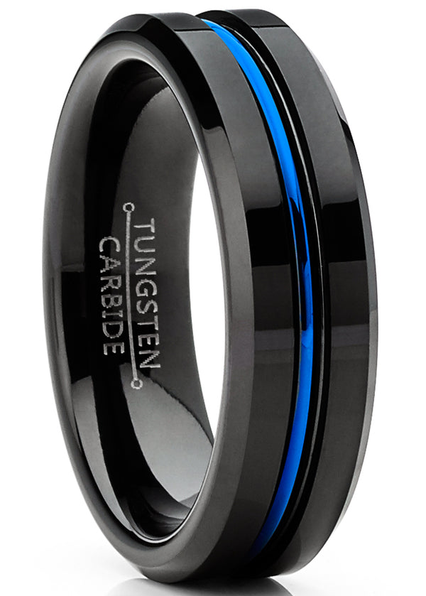 Men's Tungsten Wedding Band Black Ring Grooved Center Blue Comfort-Fit 6MM 5-13