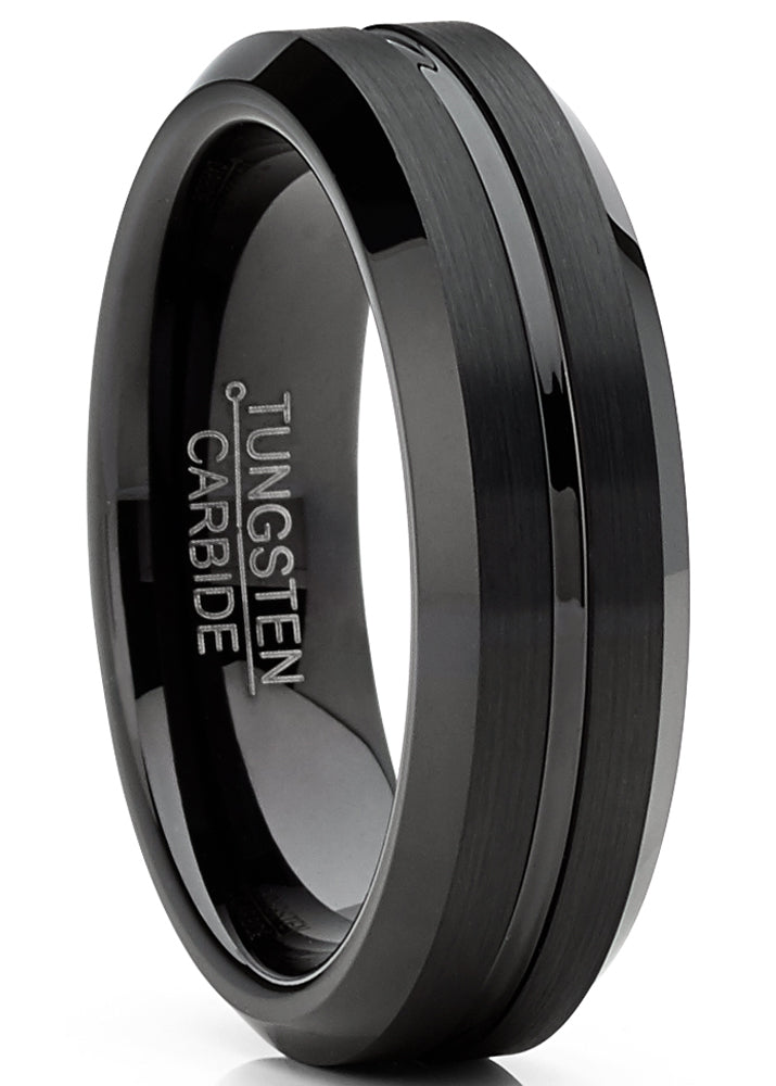 Mens Tungsten Wedding Band Black Ring Grooved Center 6MM Sizes 5-13