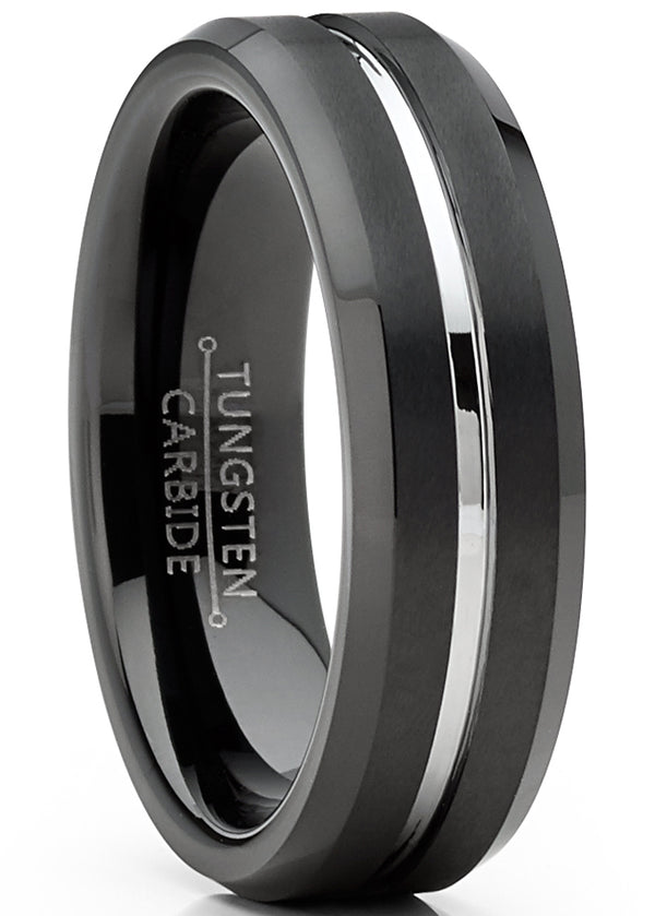 Mens Tungsten Wedding Band Black Ring Silver Two-Tone Grooved Center 6MM 5-13