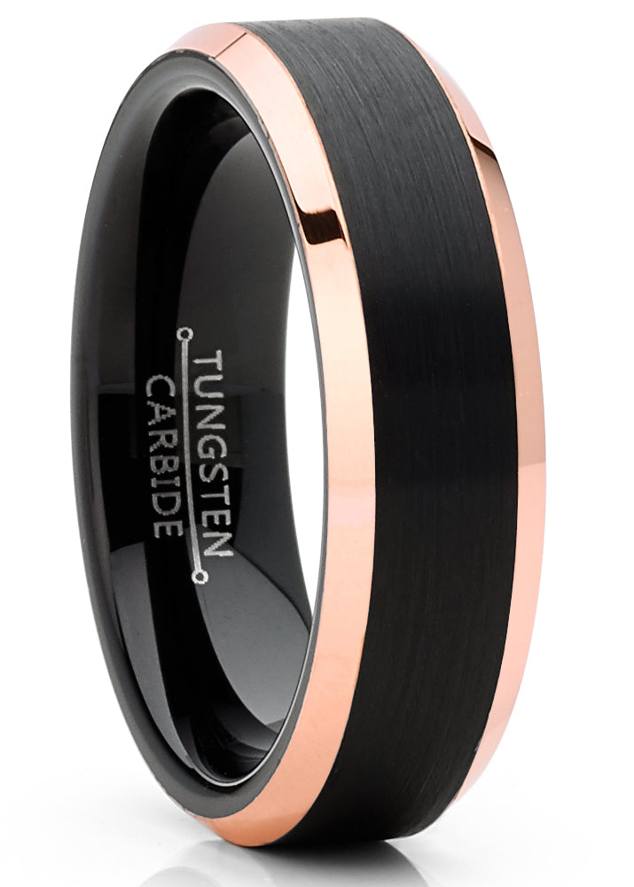 Mens Tungsten Wedding Band Ring Black Rose Goldtone Edges 4MM 6MM 8MM Sizes 5-13