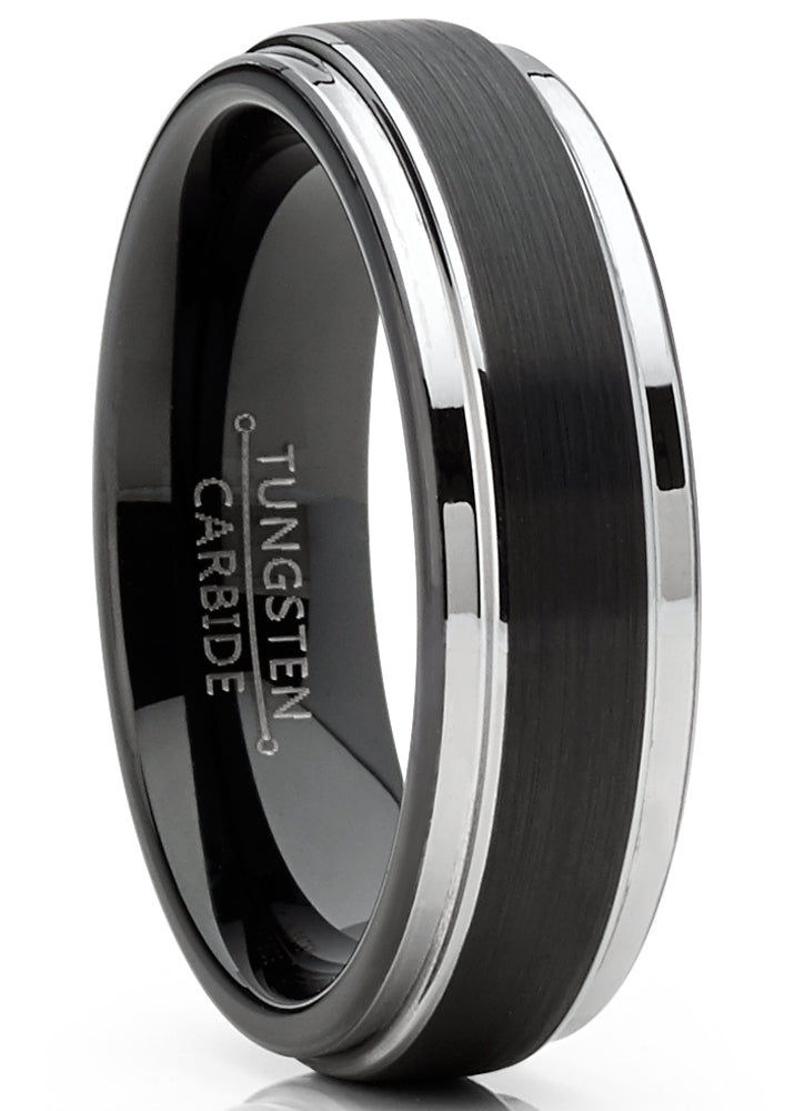 Mens Tungsten Wedding Band Black Ring Silvertone Comfort-Fit 6MM Sizes 5-13