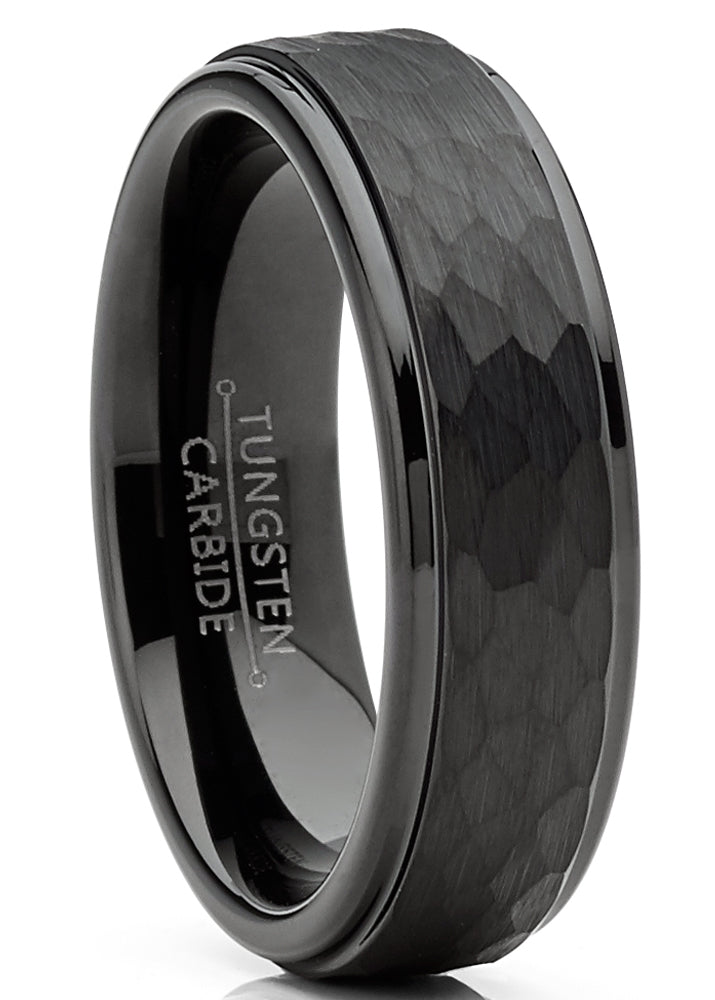 Mens Tungsten Black Wedding Band Ring Hammered Center Comfort-Fit 6MM Sizes 5-13