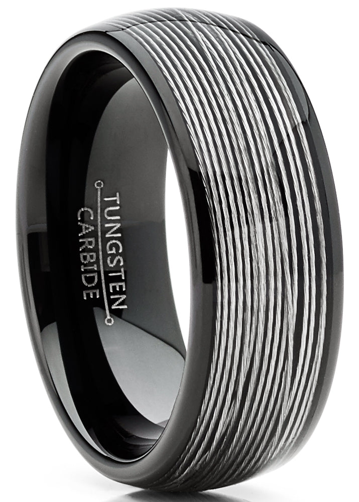 Mens Tungsten Wedding Band Steel Cables Ring Inlay Black Dome 8MM Sizes 7-15