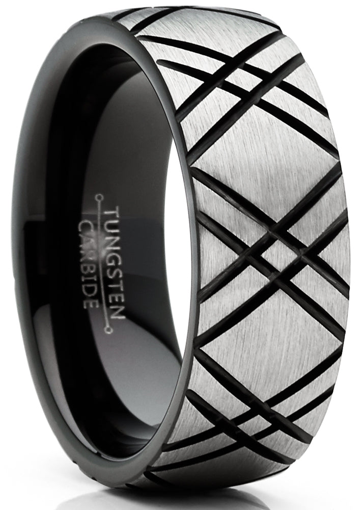 Mens Tungsten Ring Two-Tone Dome Wedding Band Black 8MM