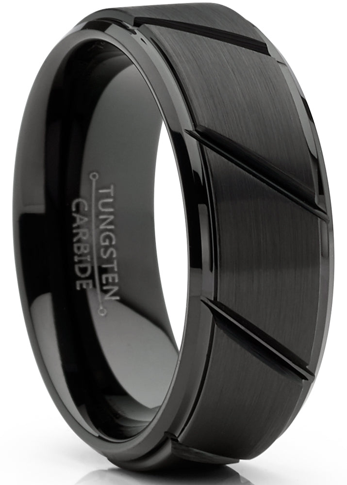 Mens Tungsten Ring Black Grooved Wedding Band Beveled Edges Comfort-fit 8MM