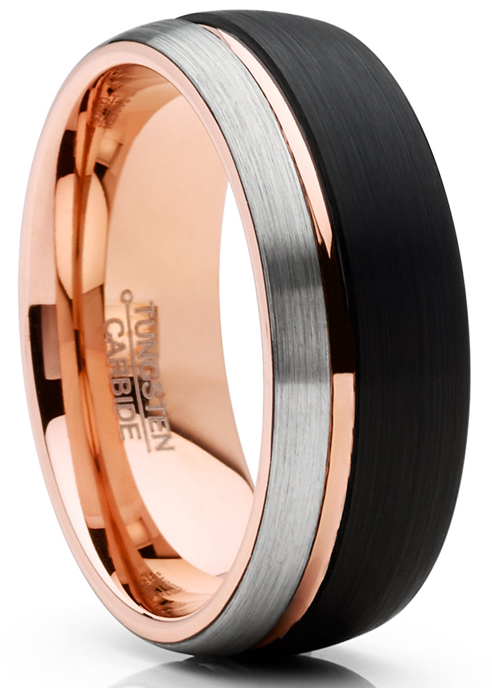 Mens Tungsten Ring Dome Wedding Band Tri-Color Groove Rose Goldtone Black Comfort-fit 8MM