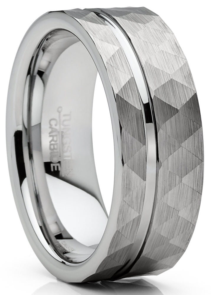 Mens Tungsten Ring Hammered Wedding Band Grooved Center Comfort-fit 8MM