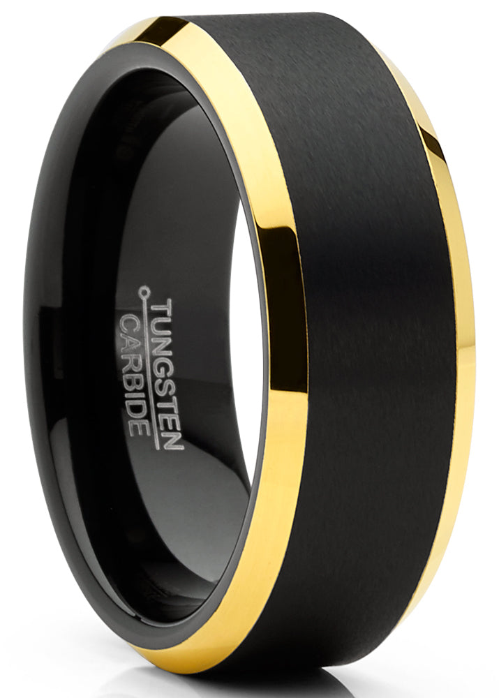 Mens Tungsten Ring Black Goldtone Wedding Band Beveled Edges Comfort-fit 8MM