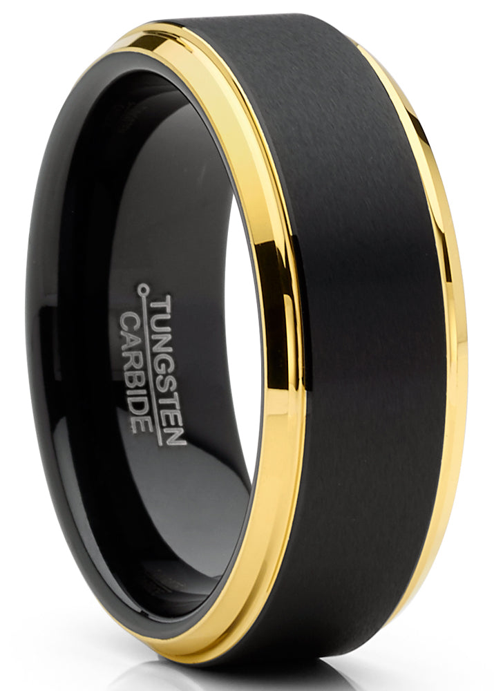 Mens Tungsten Ring Wedding Band Beveled Edges Comfort-fit Black Goldtone 8MM