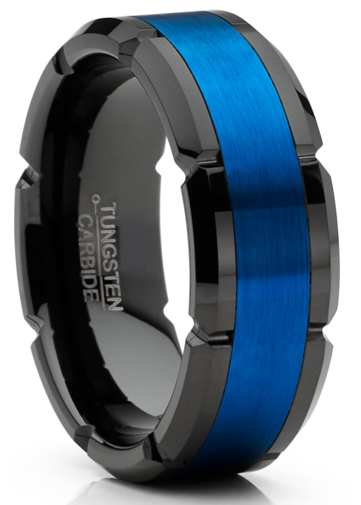 Mens Tungsten Ring Grooved Wedding Band Black Blue Comfort-fit 8MM