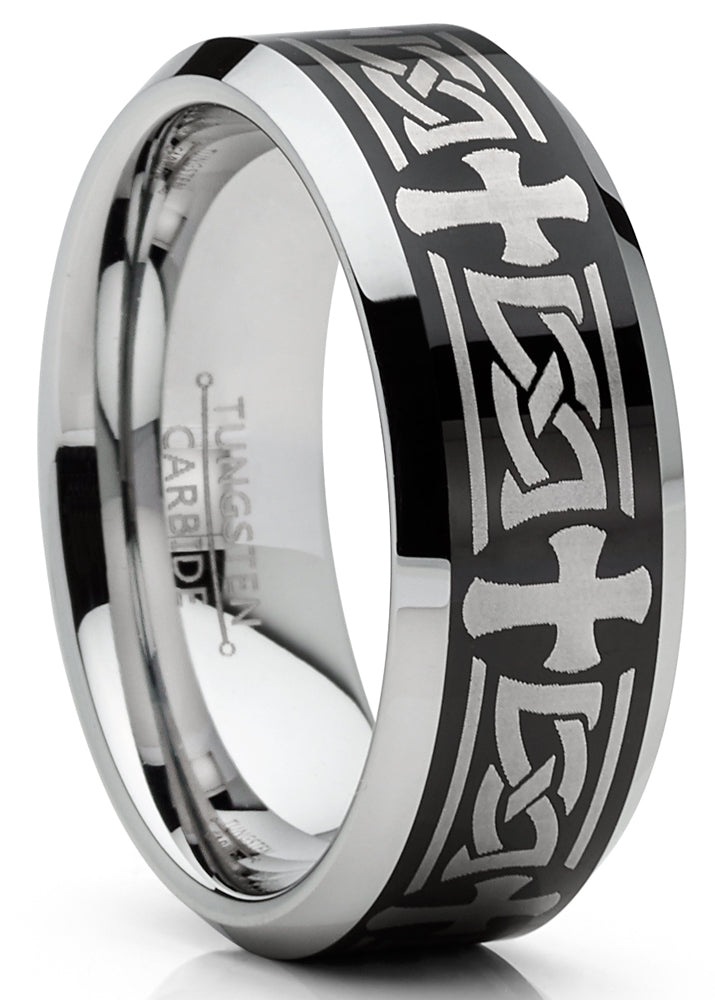 Men's Tungsten Ring Christian Cross Celtic Wedding Band Laser Etched Black 8MM 7-15
