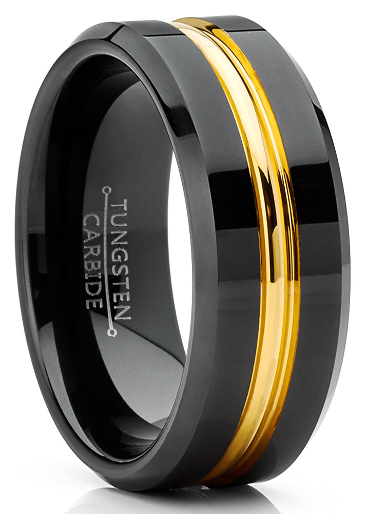 Mens Tungsten Ring Goldtone Wedding Band Grooved Comfort-fit 8MM