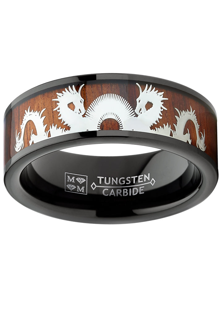 Men's Black Tungsten Dragon Ring Wedding Band Wood Inlay 8MM 7-13