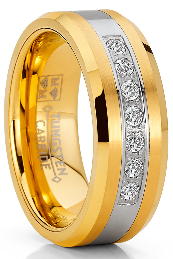 Men's Goldtone Tungsten Carbide Steel Ring Wedding Band Cubic Zirconia 8MM