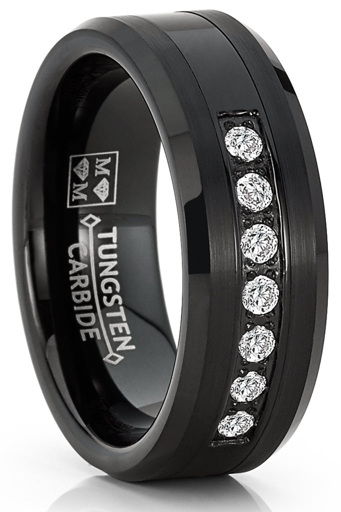Mens Tungsten Ring Black Stainless Steel Wedding Band Round Cubic Zirconia 8MM