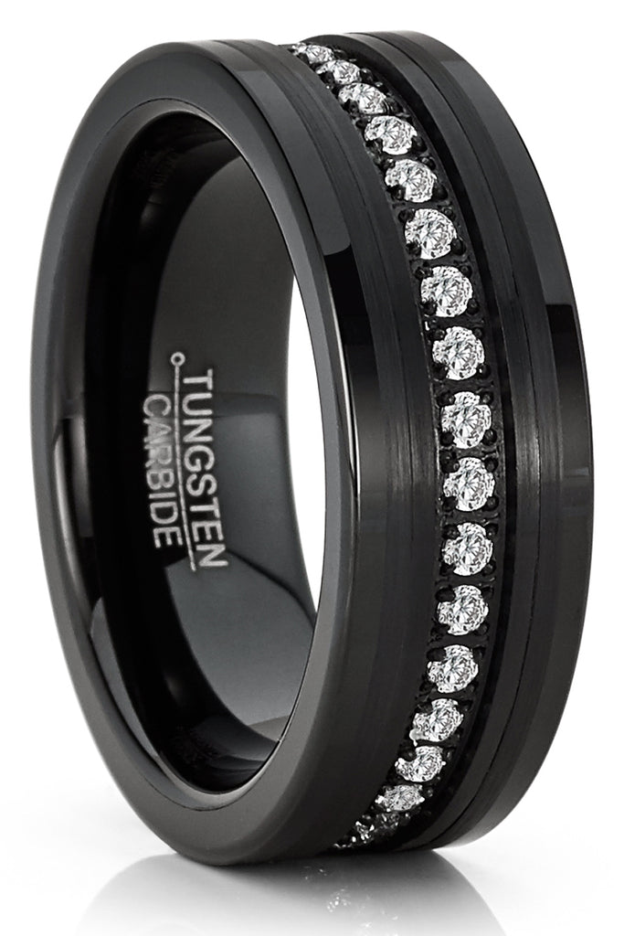 Mens Tungsten Ring Black Eternity Wedding Band Clear Cubic-Zirconia Comfort-fit 8MM