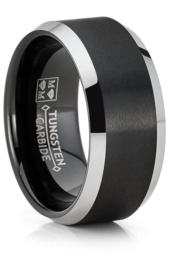 Mens Tungsten Carbide Ring Black Two-Tone Brushed Wedding Band Comfort-fit 10MM