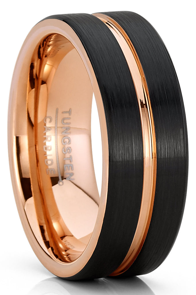 Mens Tungsten Carbide Ring RoseTone Black Grooved Wedding Band  Comfort-fit 8MM