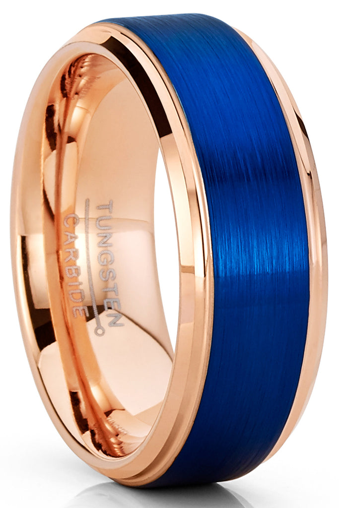 Mens Tungsten Carbide Ring RoseGold Tone Blue Wedding Band  Comfort-fit 8MM