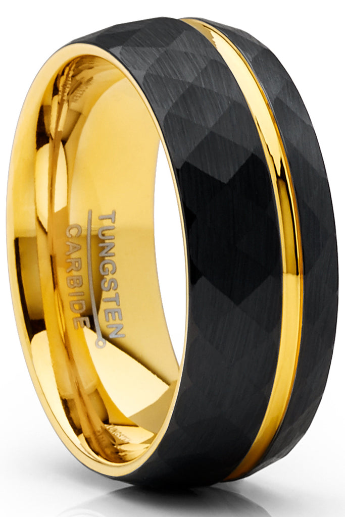 Men's Tungsten Carbide Ring Dome Hammered Black Goldtone Wedding Band 8MM
