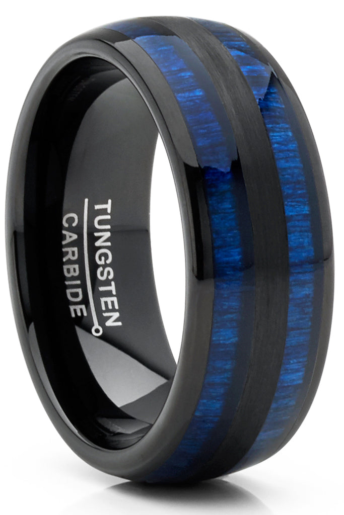 Men's Tungsten Carbide Ring Dome Real Blue Wood Inlay Wedding Band