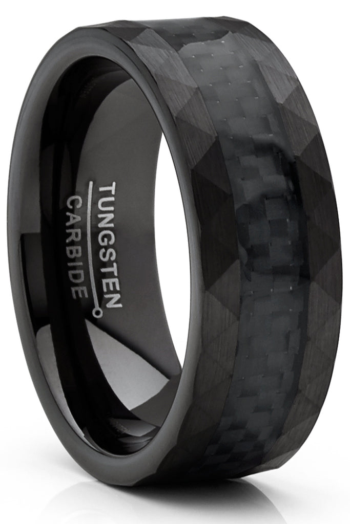 Men's Tungsten Carbide Ring Carbon Fiber Inlay Hammered Wedding Band Black 8MM