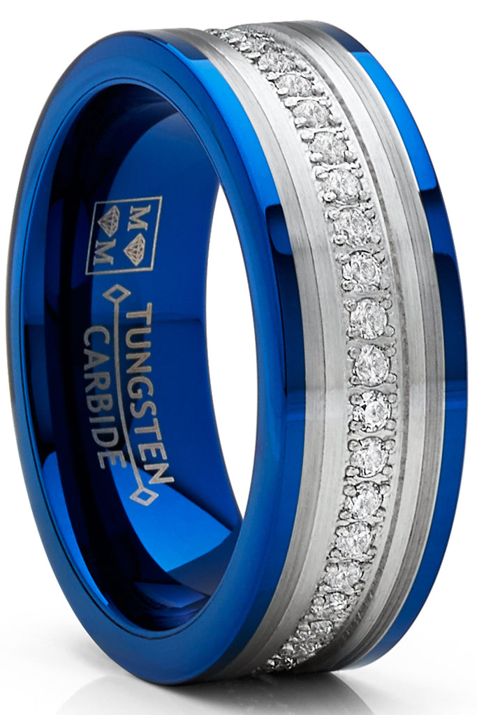 Men's Tungsten Carbide Blue Wedding Band Ring 8MM Comfort-Fit Cubic Zirconia