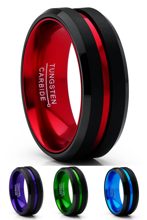 Men's Tungsten Carbide Ring Grooved Wedding Band Color Interior 8MM Blue Red Green Red