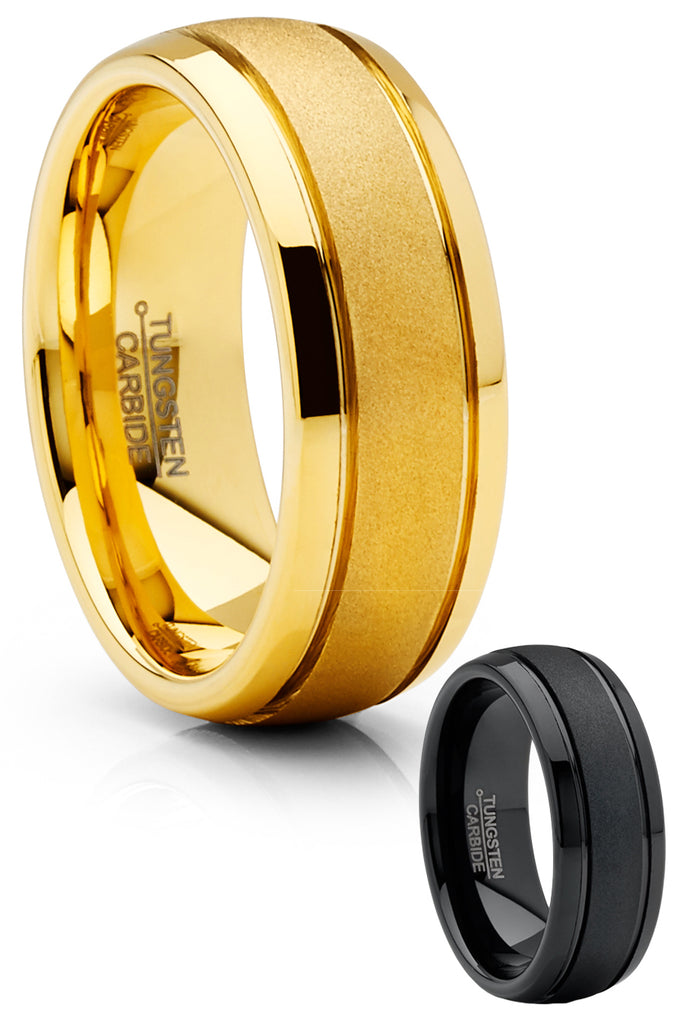 Men's Tungsten Carbide Ring Black Goldtone Dome Sandblasted Wedding Band 8MM