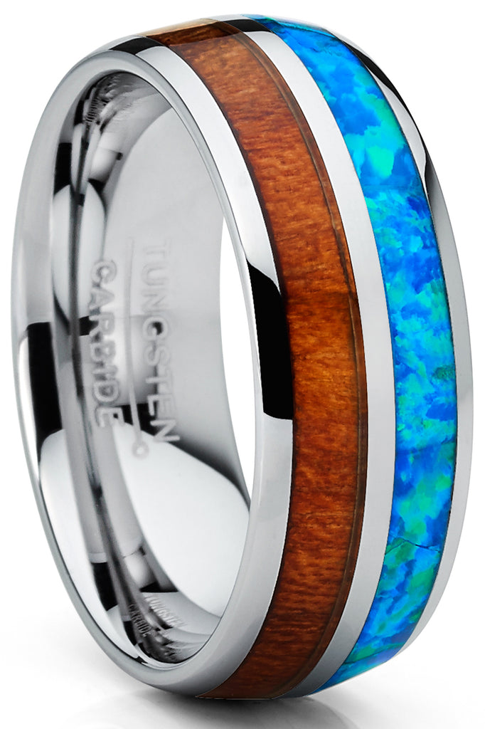 Men's Tungsten Carbide Wedding Band Ring Blue Opal Real Koa Wood Inlay Comfort-Fit 8MM