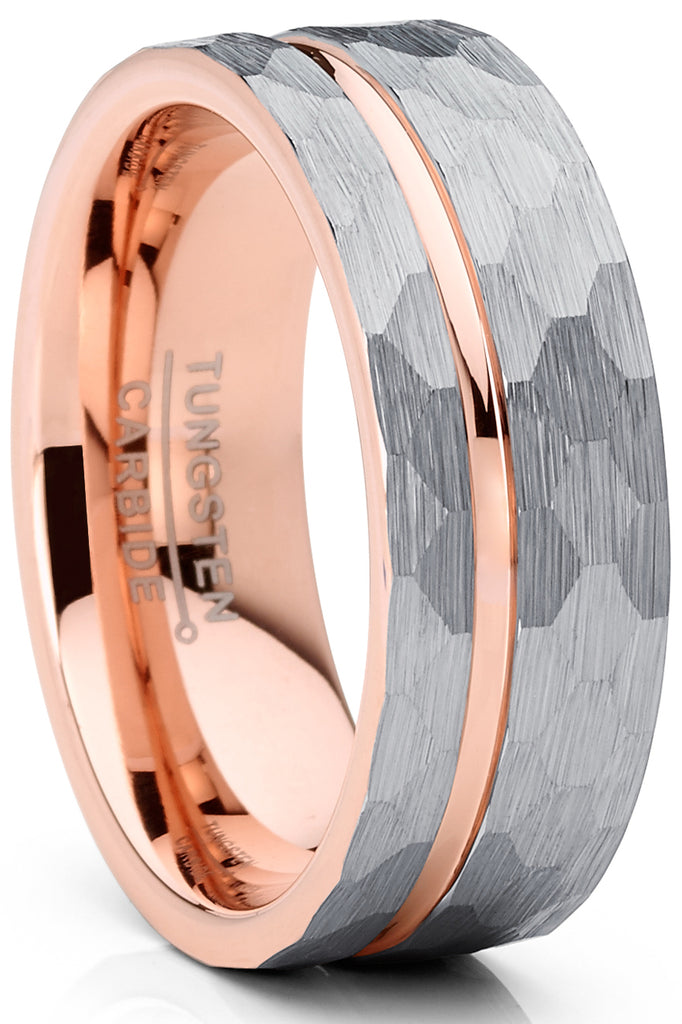 Men's Hammered Grooved Tungsten Carbide Wedding Band Ring Silver Rosegold-tone Comfort-Fit 8MM