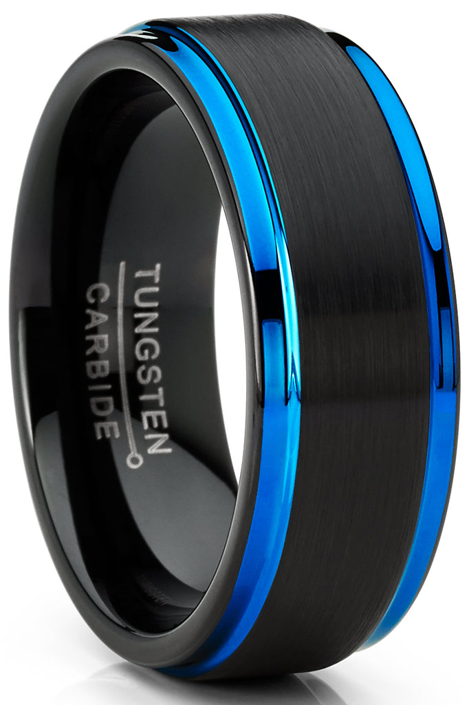 Men's Tungsten Carbide Wedding Band Ring Black Blue Edges 8MM Comfort-Fit